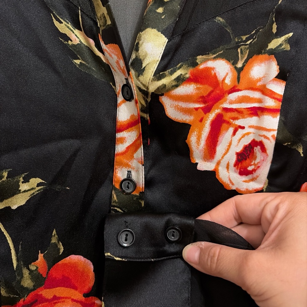Cache Silk Black Sheer Blouse with Red Floral Design - Picture 5 of 5